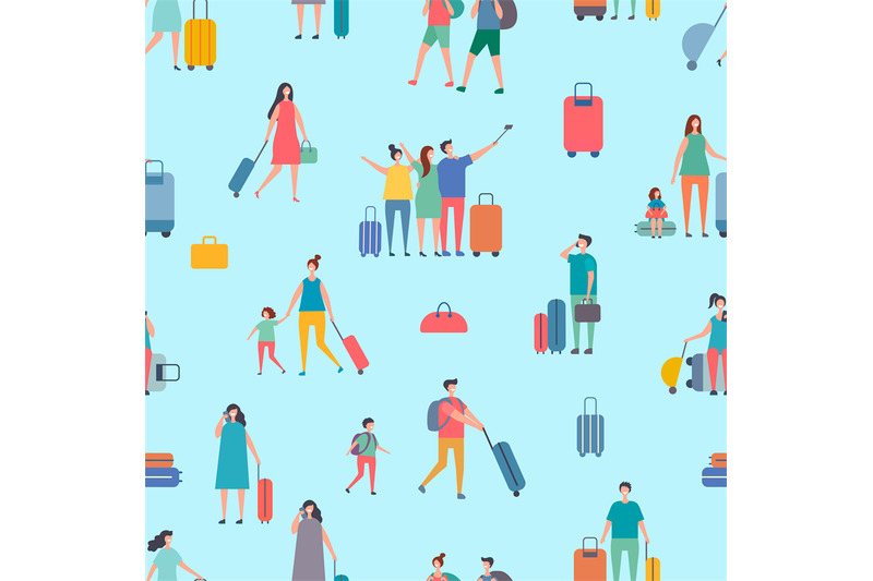 vector-travellers-people-with-suitcase-and-bags-seamless-pattern