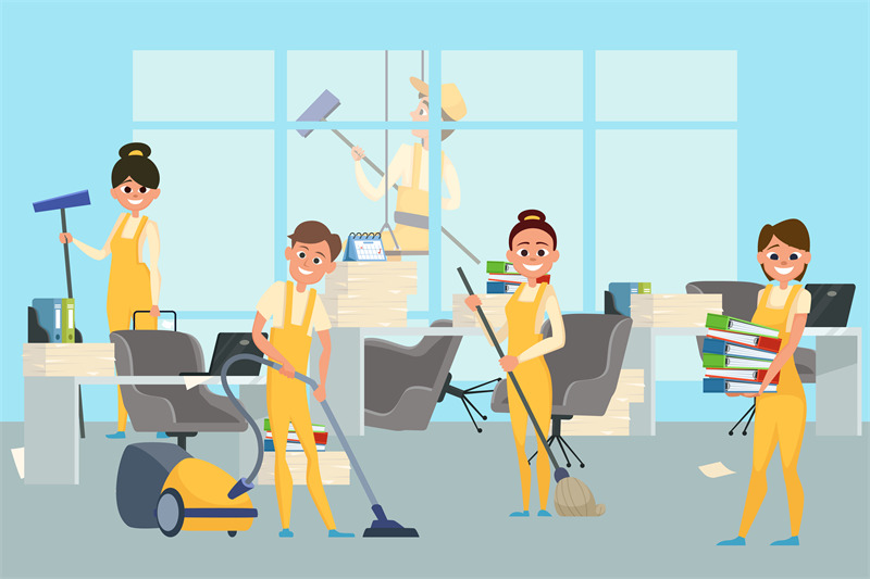 cleaning-staff-team-in-office-vector-illustration