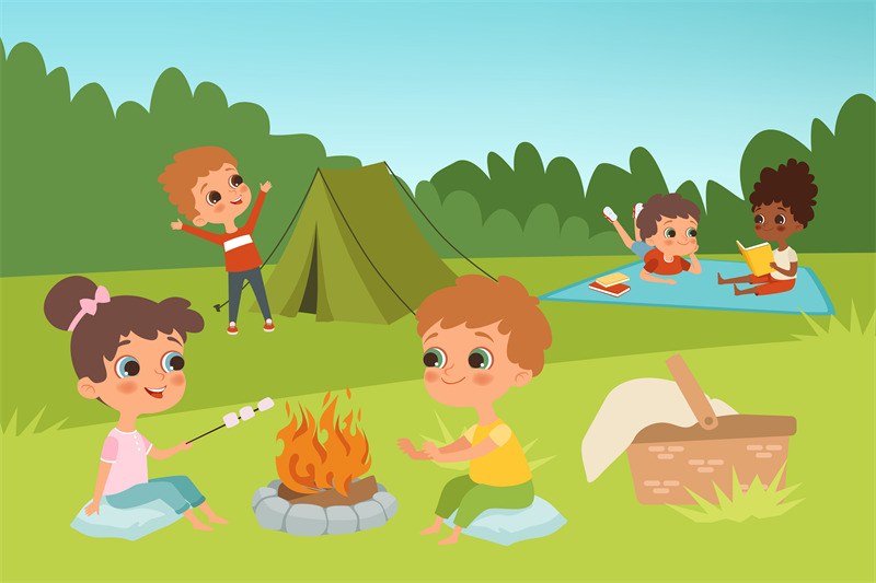 kids-summer-camp-vector-background-with-children-characters-and-campin