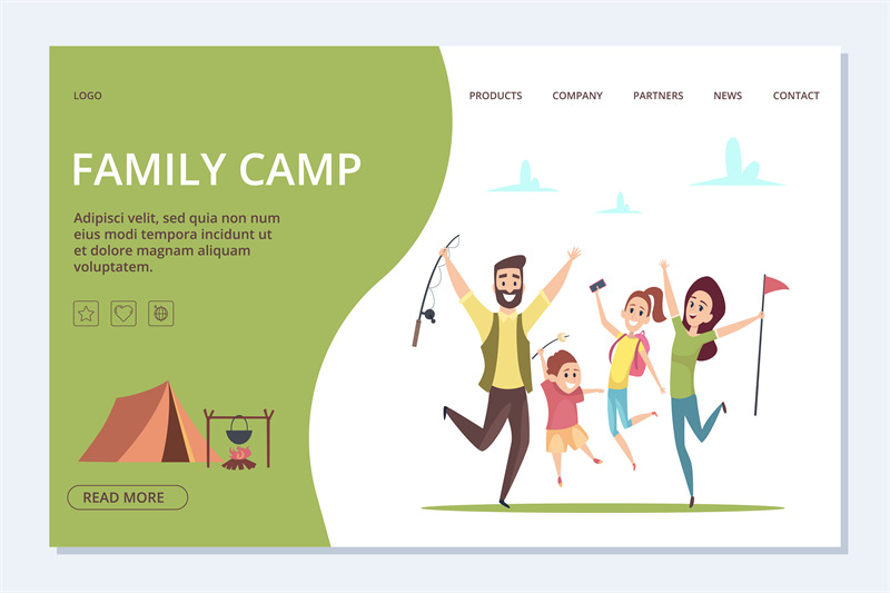 family-camp-landing-page-vector-happy-cartoon-family-adventure-time