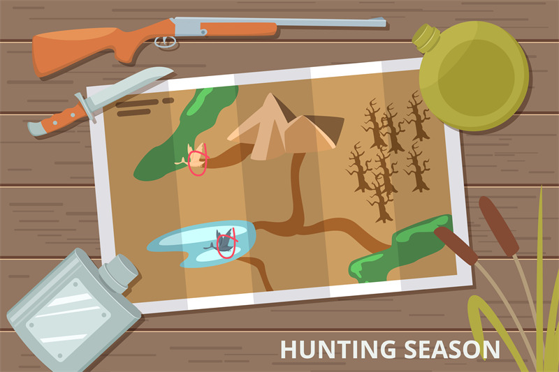 hunting-season-vector-background-with-map-on-wood-table-and-hunting-eq