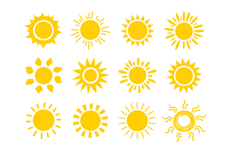 yellow-sun-icon-set-orange-summer-spring-sunshine-rays-weather-brigh