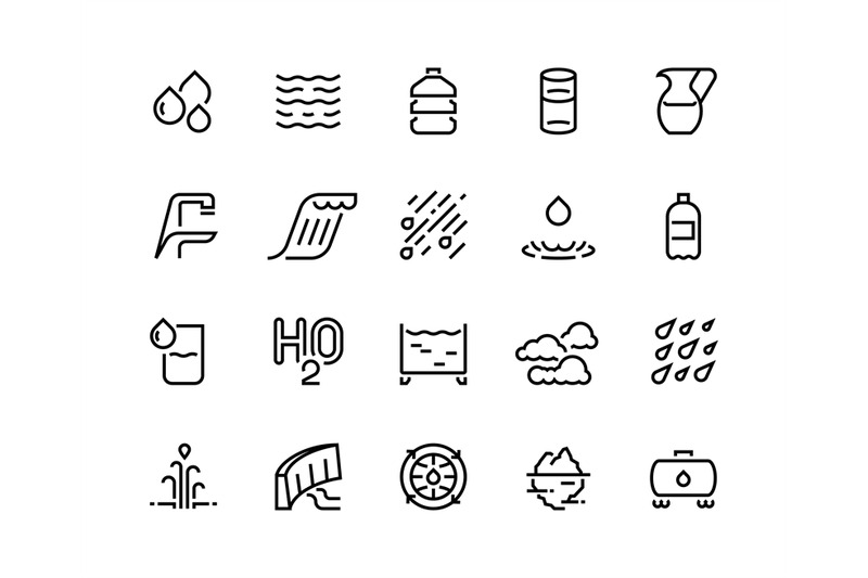 water-line-icons-bottle-and-glass-of-liquid-rain-drops-clouds-and-sh