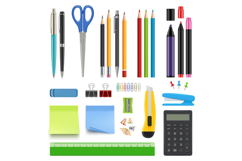 school-stationery-pencil-sharp-pen-eraser-calculator-knife-and-staple