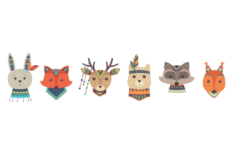 cute-tribal-animal-faces-vector-isolated-on-white-background