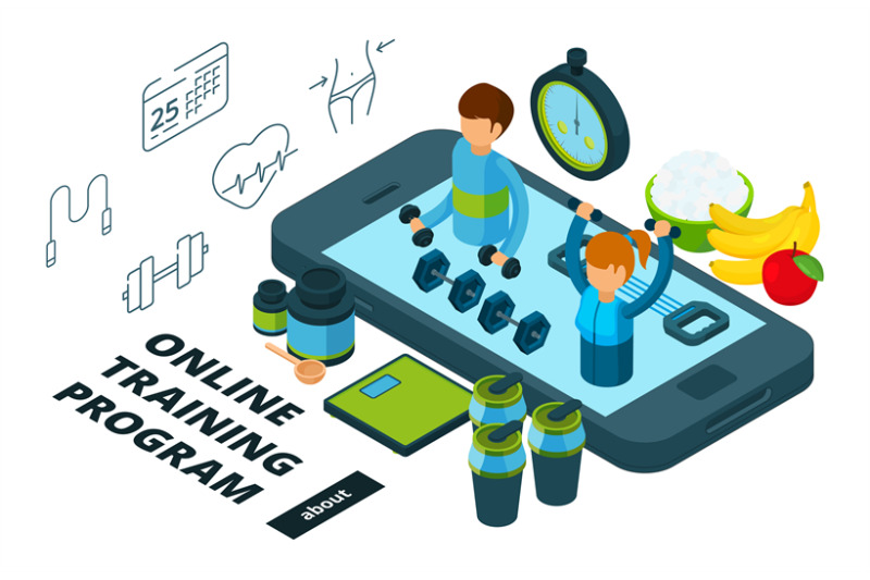 online-training-and-food-program-isometric-vector-sport-app-illustrat