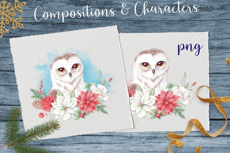 christmas-watercolor-animal-portraits-and-bouquets-with-poinsettia-and