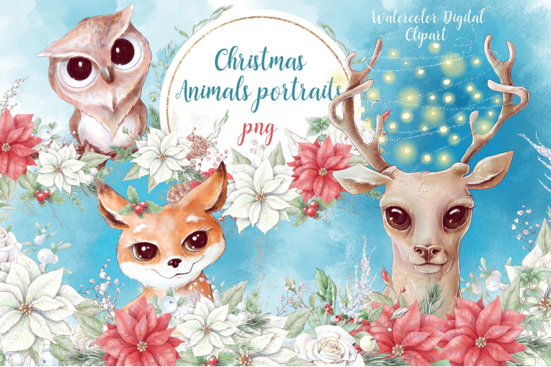 christmas-watercolor-animal-portraits-and-bouquets-with-poinsettia-and