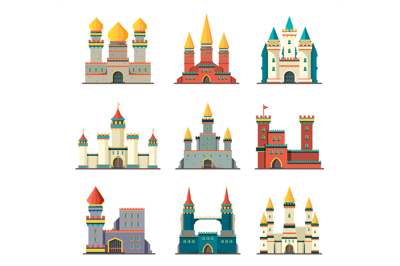 medieval-castles-palace-tower-fairytale-constructions-cartoon-vector