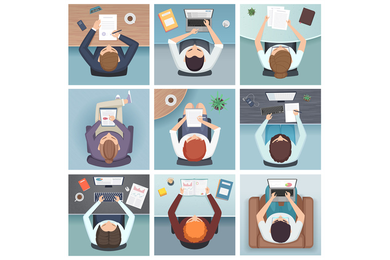 people-top-view-meeting-business-characters-desk-working-space-vector