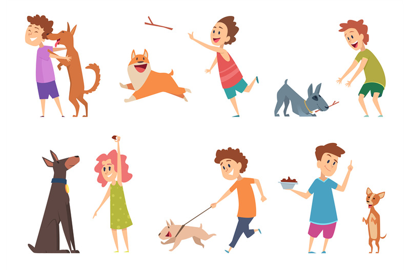 Kids With Dogs. Happy Children Playing Hugging Their Funny Pets Vector 