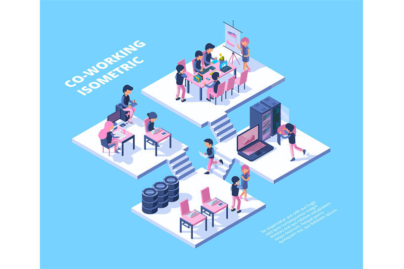 coworking-isometric-business-team-freelancer-professionals-group-meet