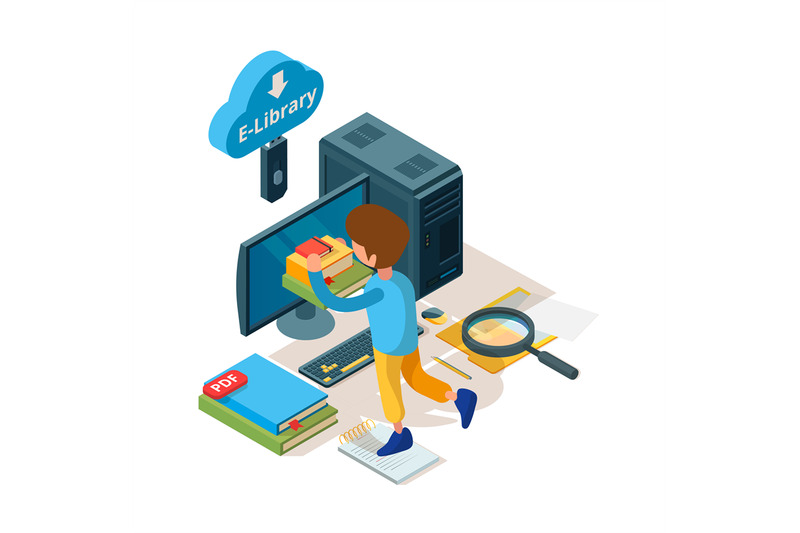 library-isometric-online-education-book-and-readers-digital-archiving