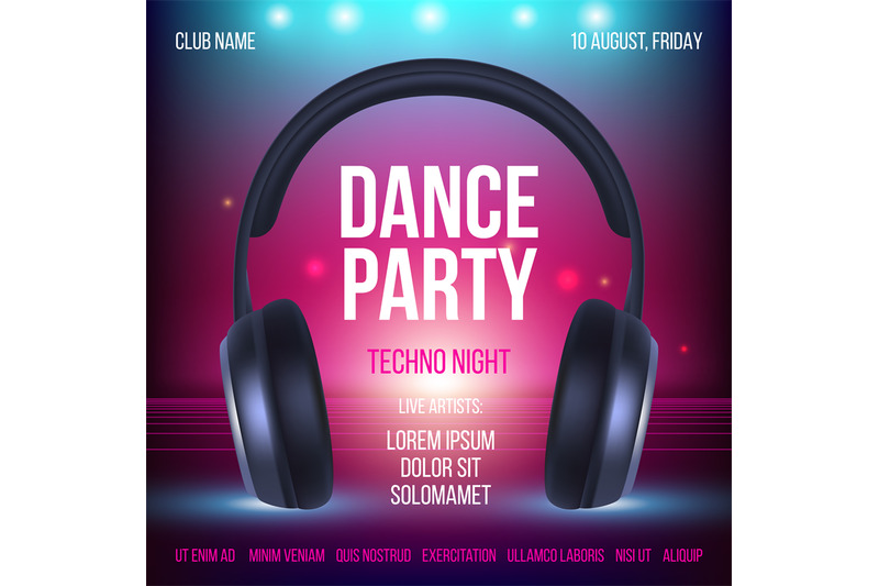 dance-party-poster-placard-invitation-music-club-headset-realistic-il