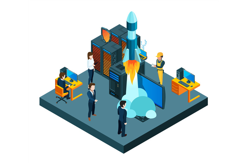 successful-business-startup-isometric-vector-young-team-data-protect