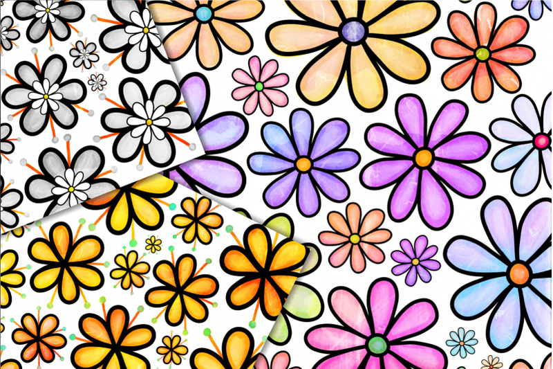 Doodle Daisy Flower Digital Papers By Prawny