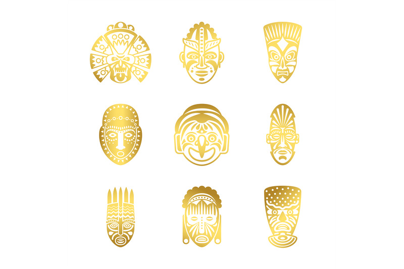 gold-tribal-mask-icons-ethnic-masks-vector-isolated-on-white-backgrou