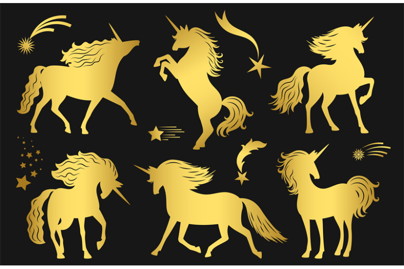 magic-golden-unicorns-and-falling-stars-vector-set