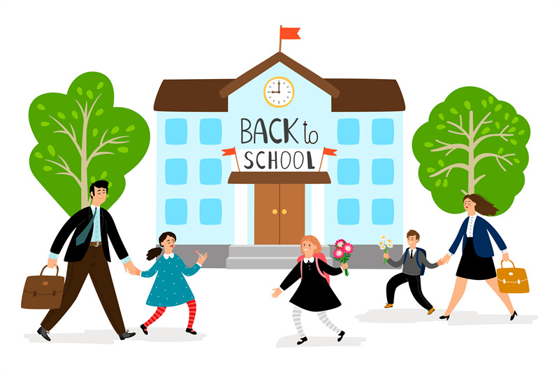 back-to-school-vector-illustration-parents-lead-children-to-school