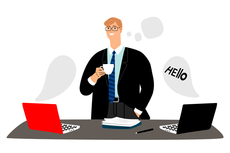 businessman-leads-online-negotiations-and-drinks-coffee-vector-concept