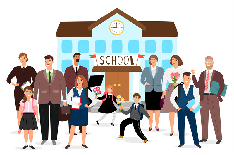 school-building-teachers-and-students-vector-illustration