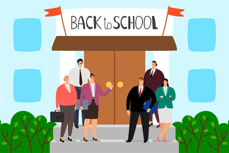 teachers-stand-on-the-steps-of-the-school-welcome-back-to-school-vect