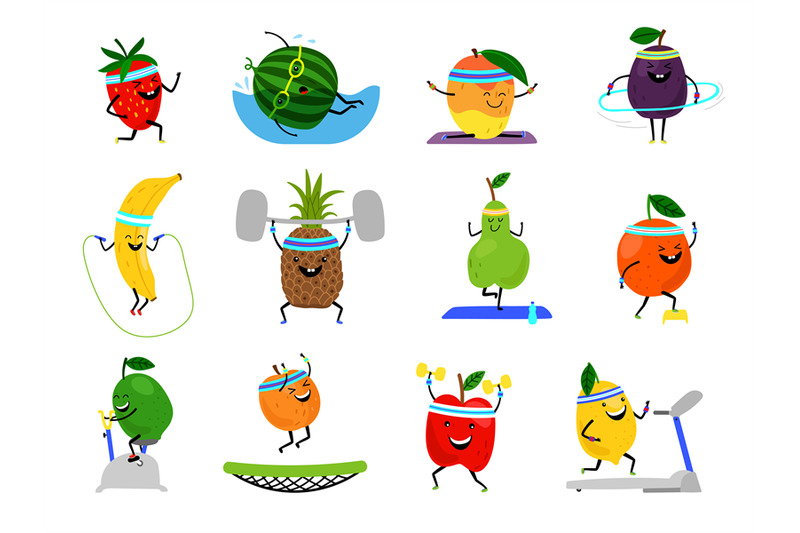 sport-fruits-characters-funny-fruit-foods-on-sport-exercises-vector