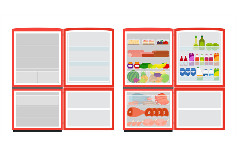 empty-and-full-fridge-vector-red-refrigerator-with-food-isolated-on-w