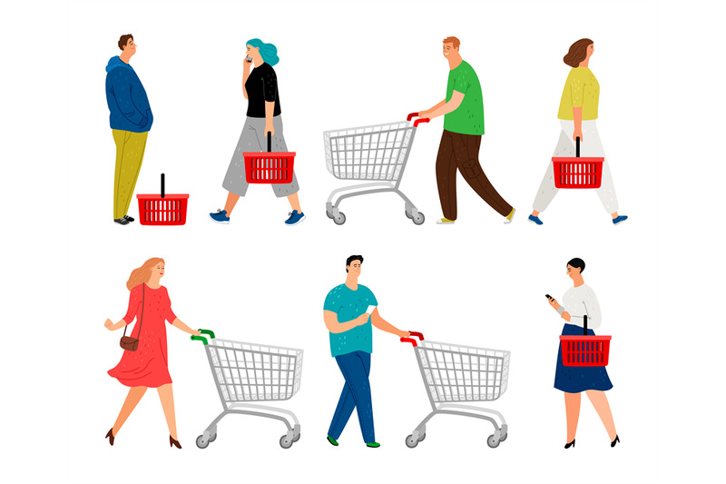 shopping-people-man-with-shopping-cart-and-woman-with-market-basket-v