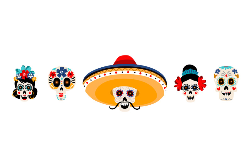 sugar-mexican-skulls-flat-vector-illustrations-set