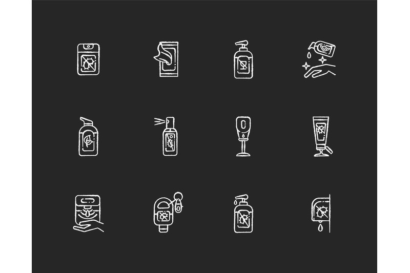 sanitizer-types-chalk-white-icons-set-on-black-background