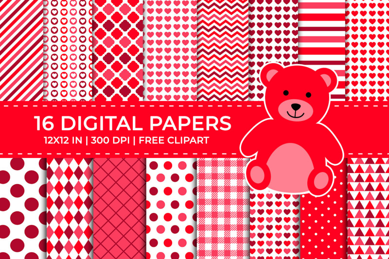 red-valentine-digital-papers-set-free-teddy-bear-clipart