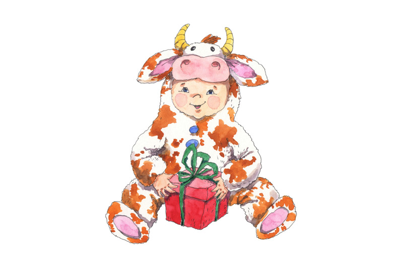 new-year-kid-in-a-bull-costume-watercolor-illustration