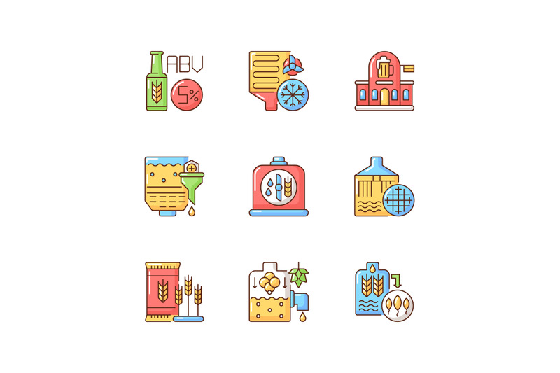 beer-production-technology-rgb-color-icons-set