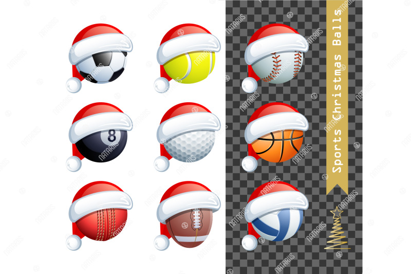 bundle-9-different-sports-balls-with-a-santa-claus-hat