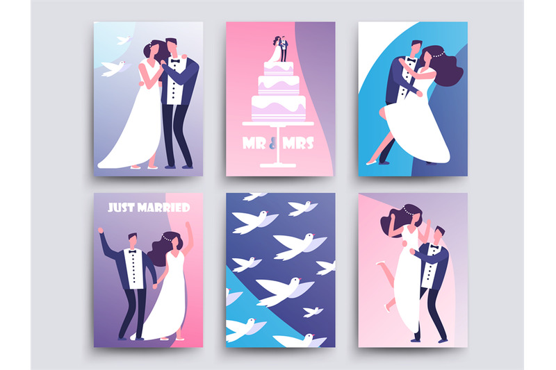 wedding-cards-with-cartoon-characters-couples-cake-doves-vector-temp