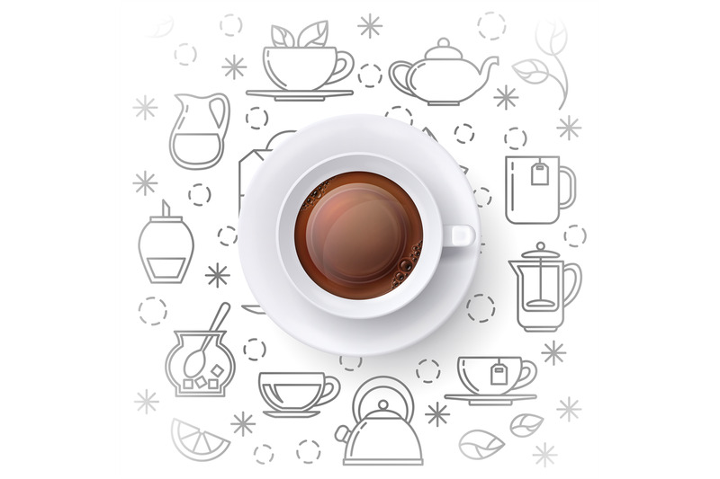 tea-time-vector-concept-with-realistic-top-view-cup-and-outline-icons