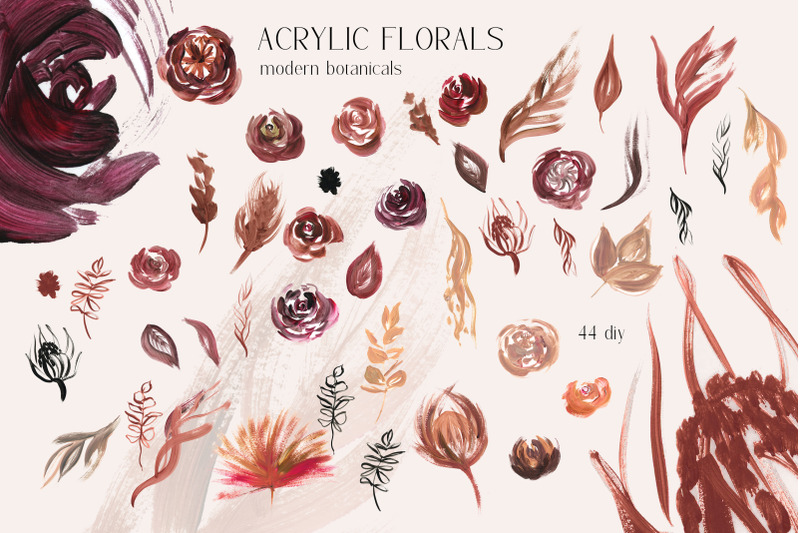 boho-roses-floral-clipart-modern-acrylic-shapes-burgundy-flower
