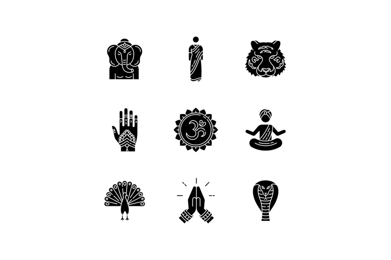 Indian spiritual symbols black glyph icons set on white space By bsd ...