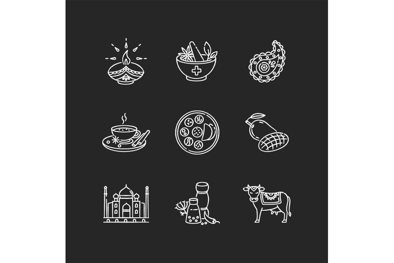 indian-traditions-chalk-white-icons-set-on-black-background