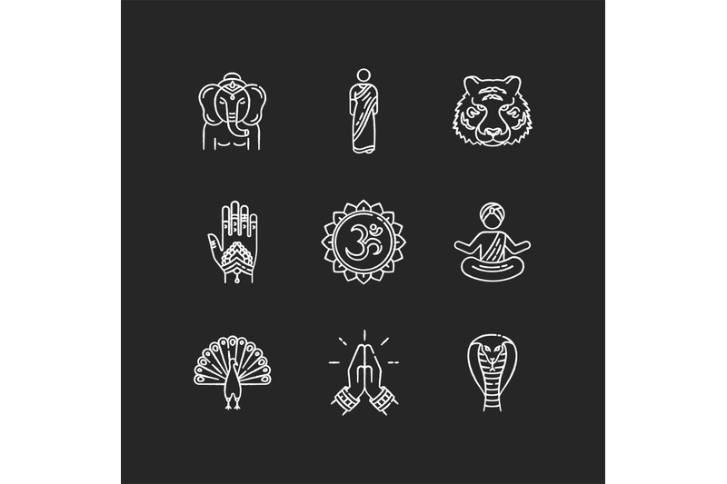 indian-spiritual-symbols-chalk-white-icons-set-on-black-background