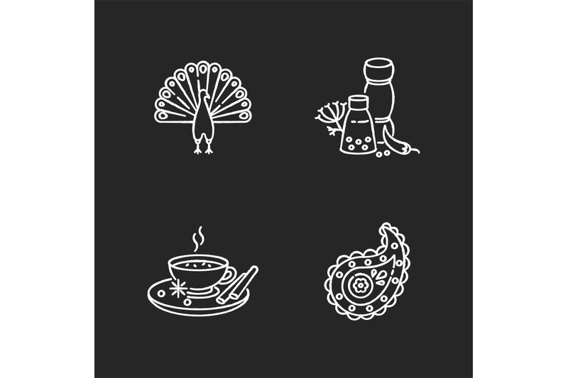 indian-culture-chalk-white-icons-set-on-black-background