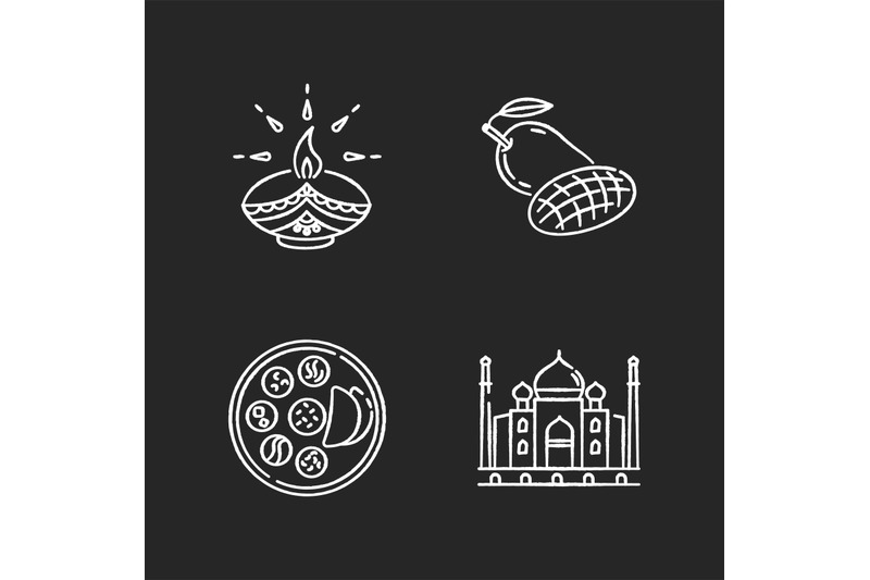 indian-culture-chalk-white-icons-set-on-black-background