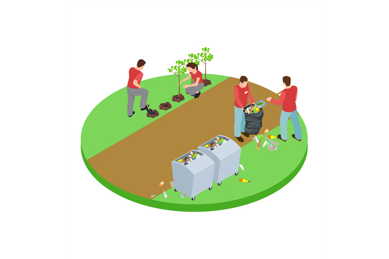 volunteers-take-out-the-trash-in-the-park-and-plant-trees-isometric-ve