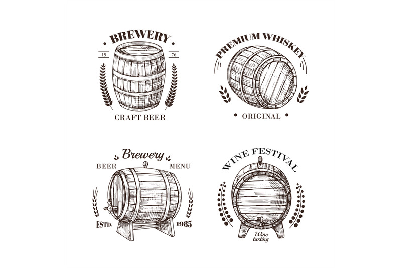 brewery-emblem-barrel-of-beer-and-wine-whiskey-and-brandy-sketch-vec