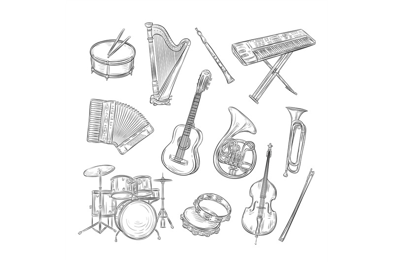 sketch-musical-instruments-drum-harp-flute-synthesizer-accordion-guit