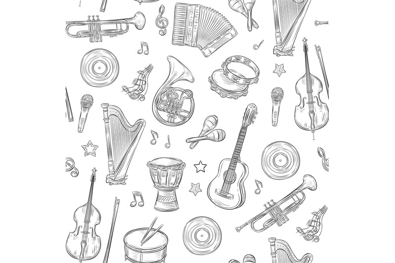 music-seamless-pattern-musical-instruments-doodles-rock-roll-vintage