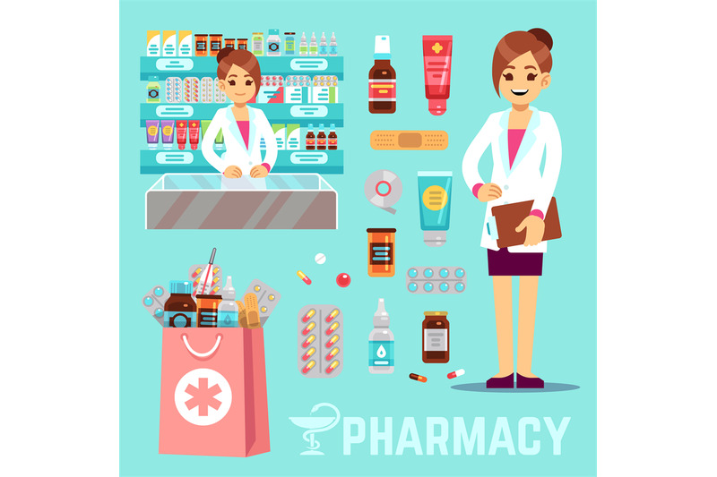 pharmacy-vector-elements-with-female-pharmacist-and-drugs-pharmacy-ic