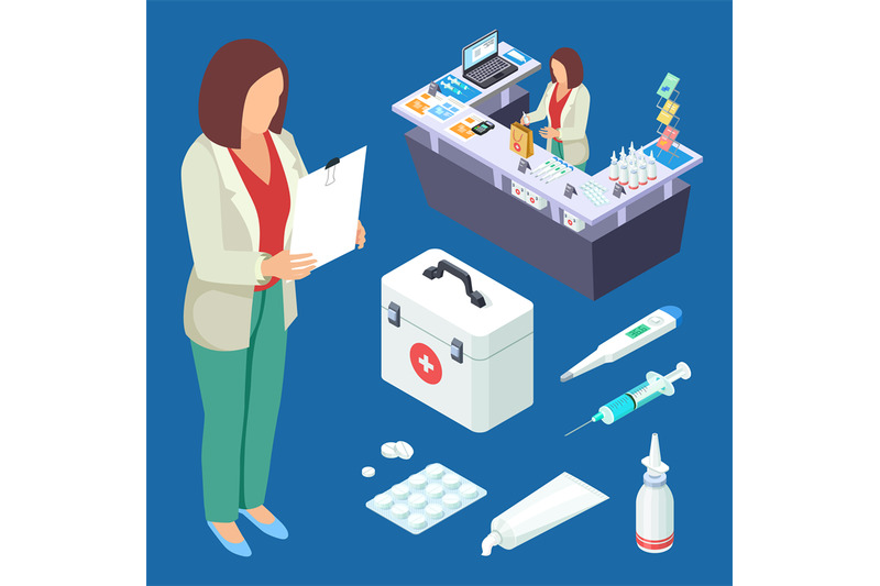 pharmacy-vector-isometric-set-pharmacist-at-work-drugs-and-first-aid