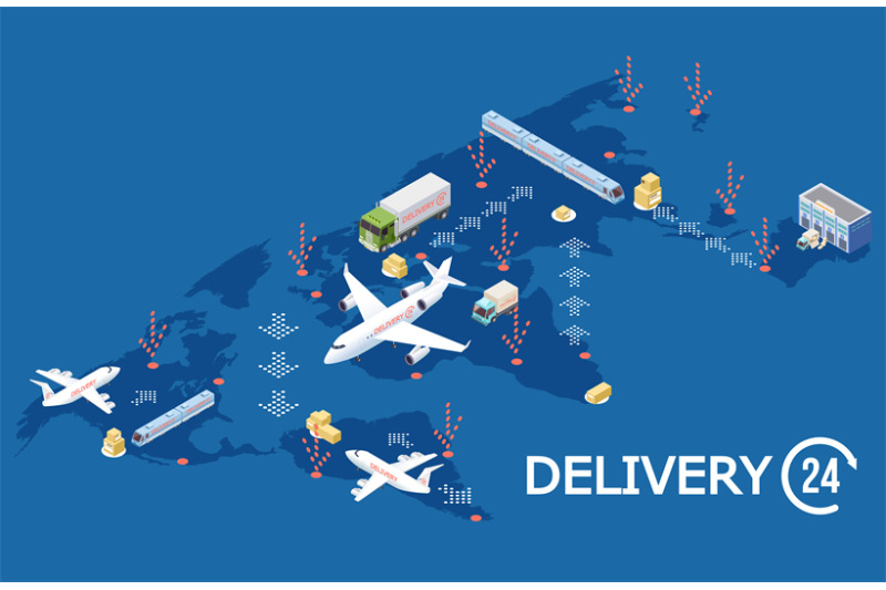 vector-isometric-global-logistic-concept-delivery-world-map-illustrat